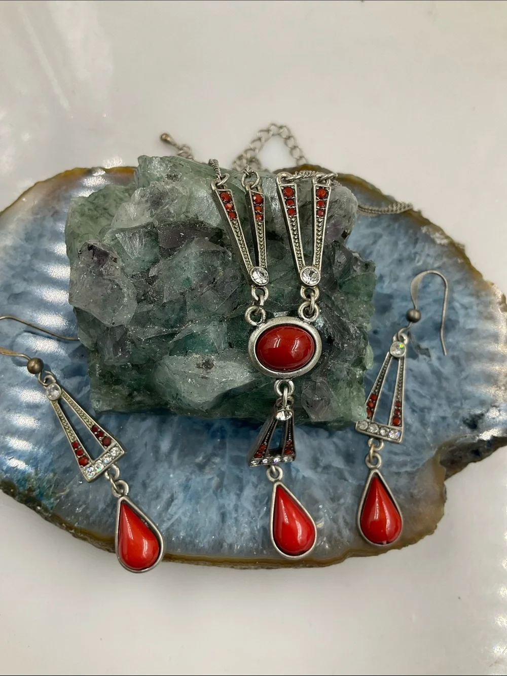 Lia Sophia Silver Chain Necklace With Red Teardrop Pendant Necklace & Earrings